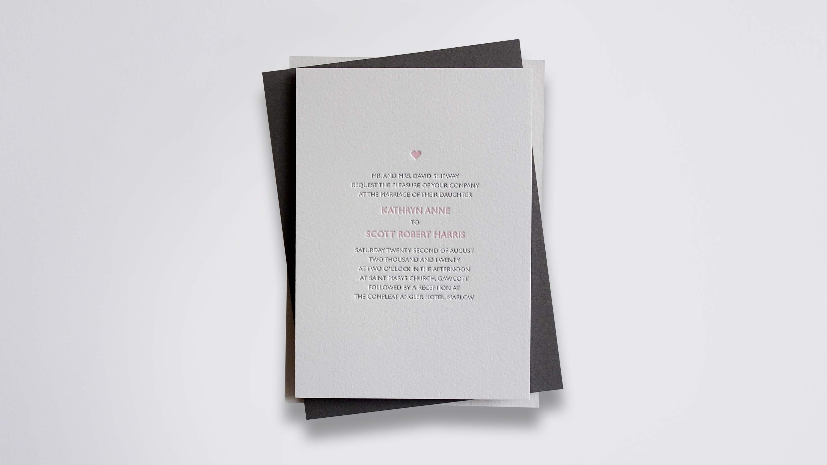 Alice letterpress wedding stationery with Peony & Charcoal ink on Warm White board