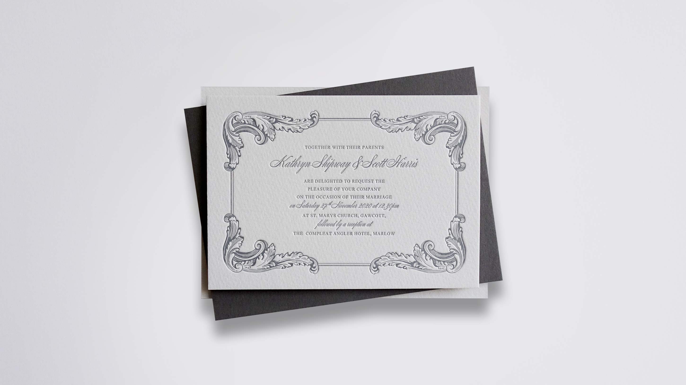 Amelia letterpress wedding stationery with Charcoal ink on Warm White board