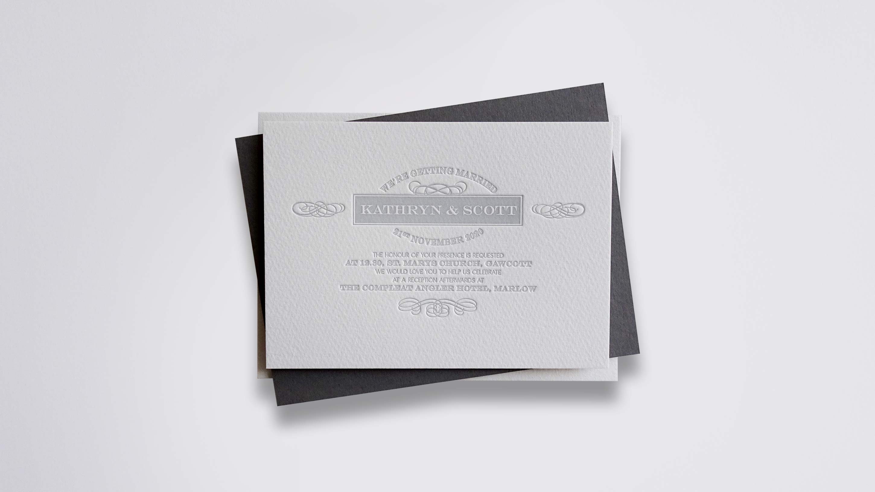 Betsy letterpress wedding stationery with Matte Silver ink on Warm White board
