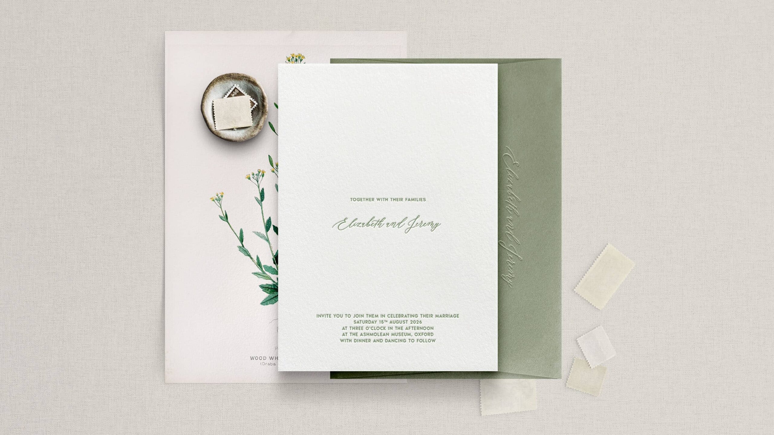 Ellie letterpress wedding stationery with Olive ink on Warm White board