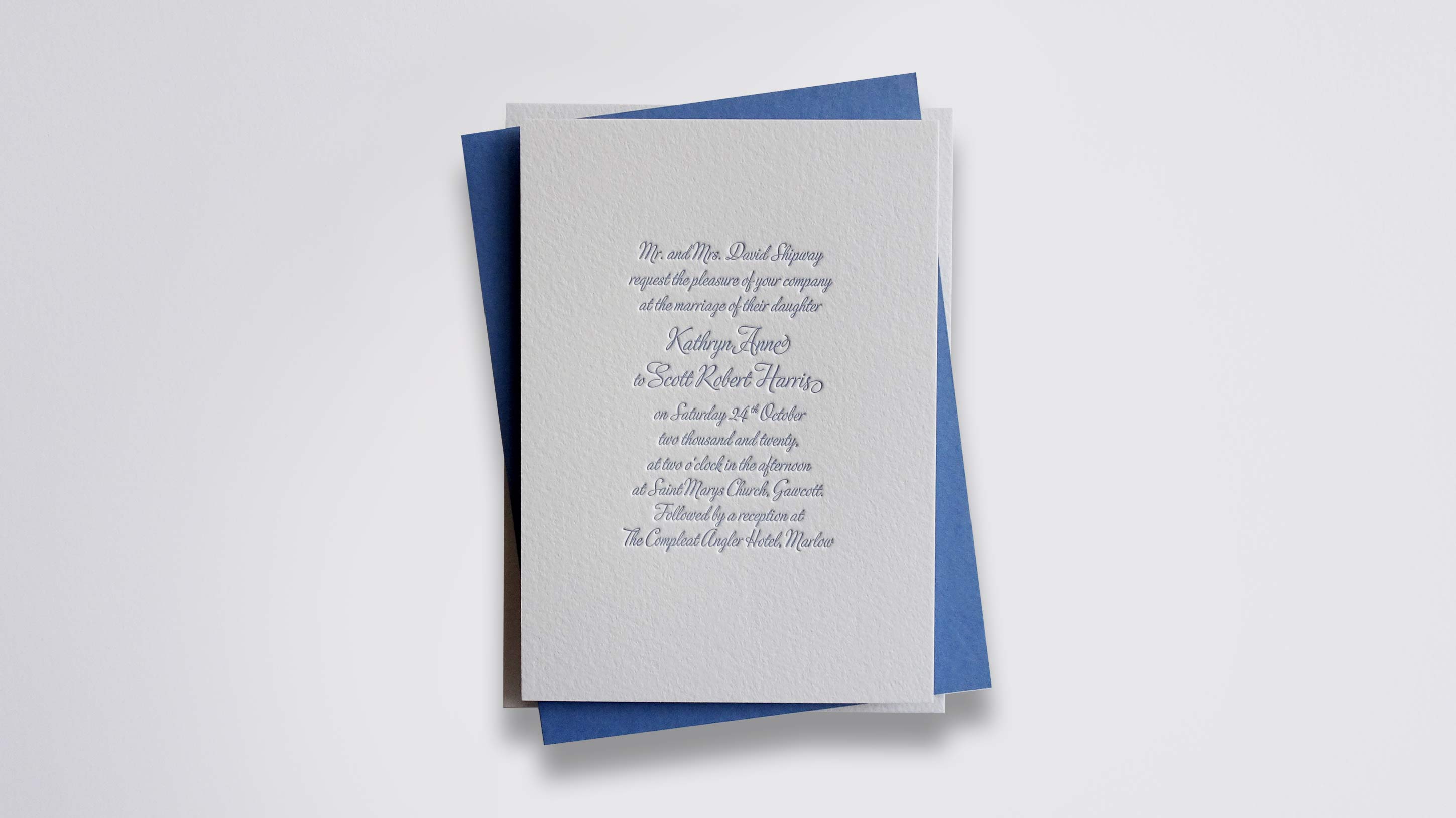 Emily letterpress wedding stationery with Dusty Blue ink on Warm White board