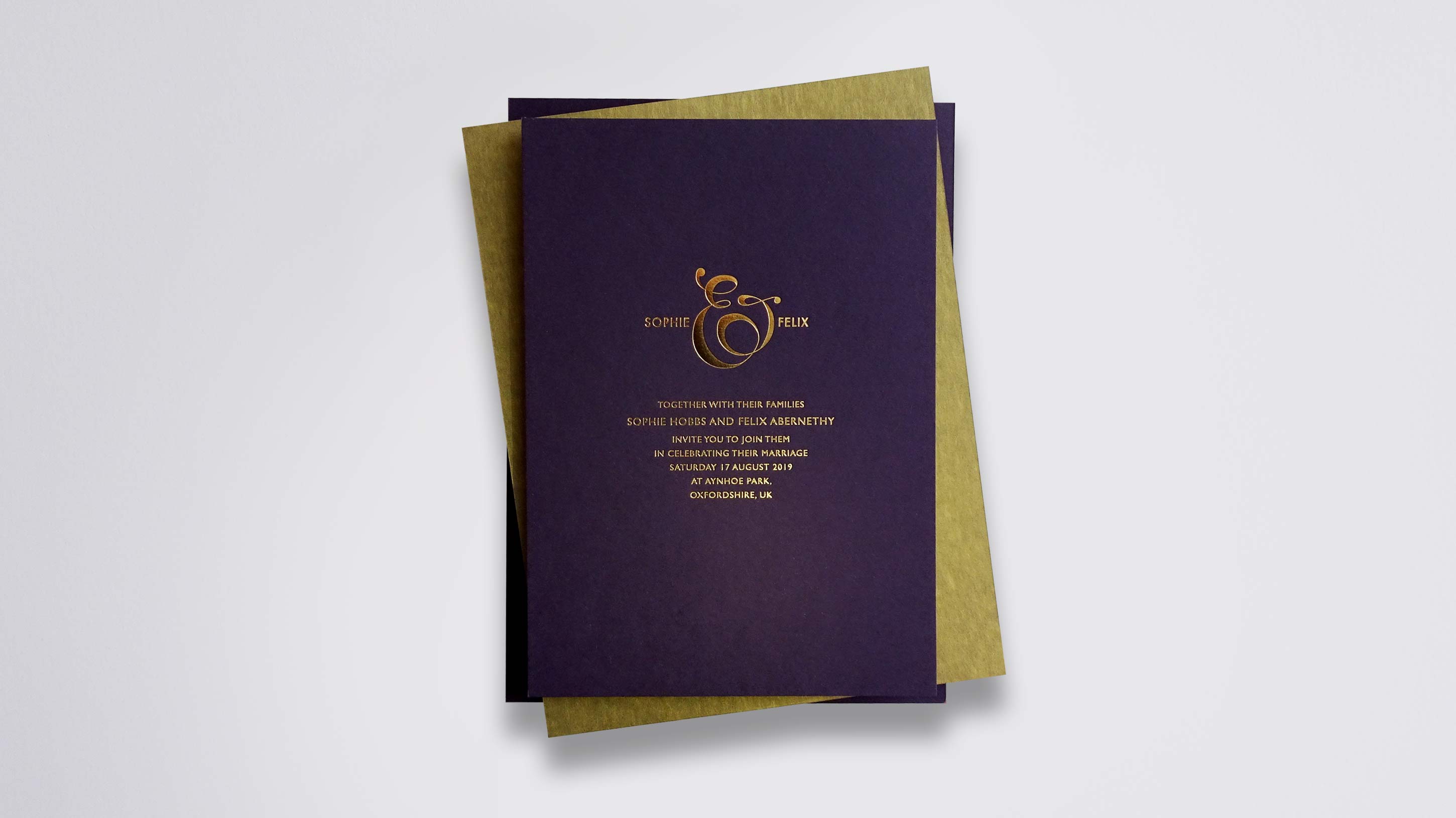 Eve foil wedding stationery with Gloss Gold foil on Amethyst board