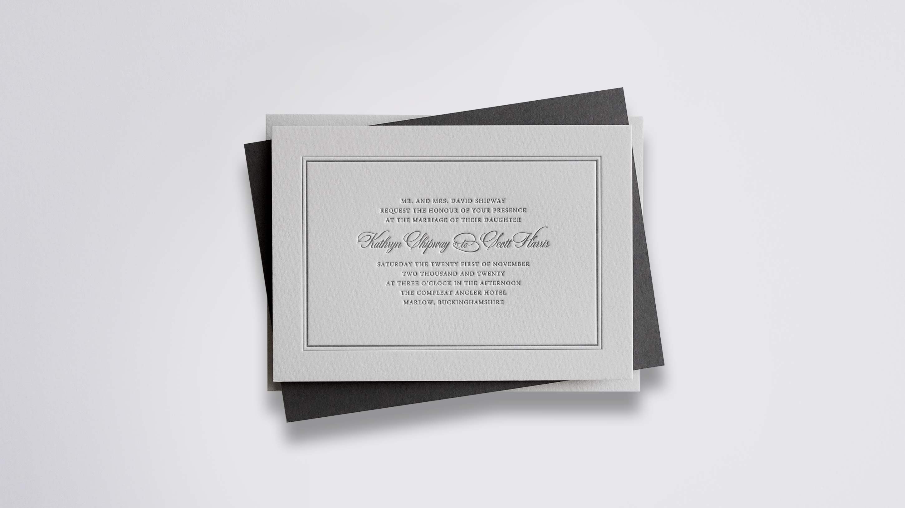Harriet letterpress wedding stationery with Charcoal ink on Warm White board