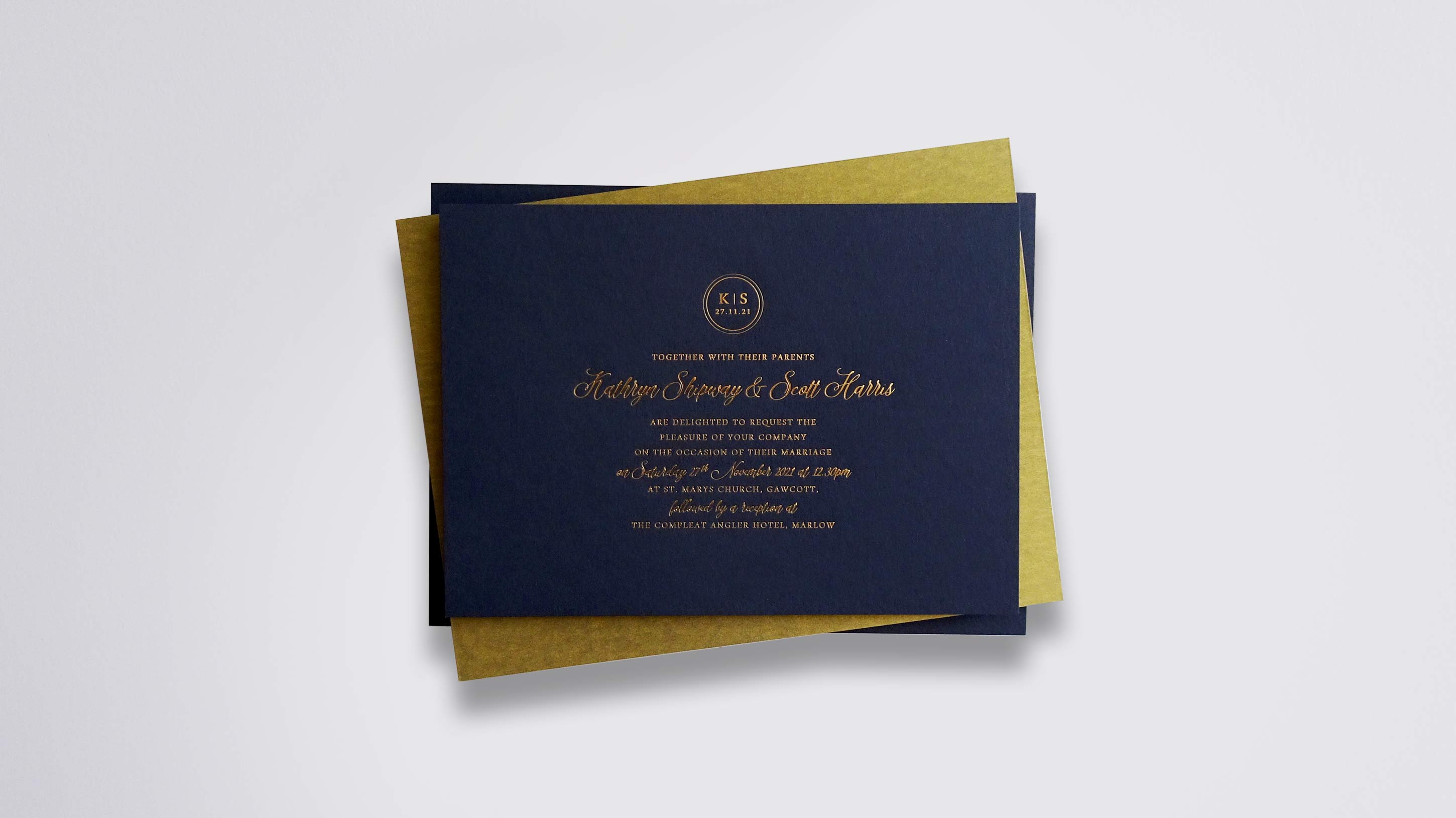Isla foil wedding stationery with Gloss Gold foil on Dark Blue board
