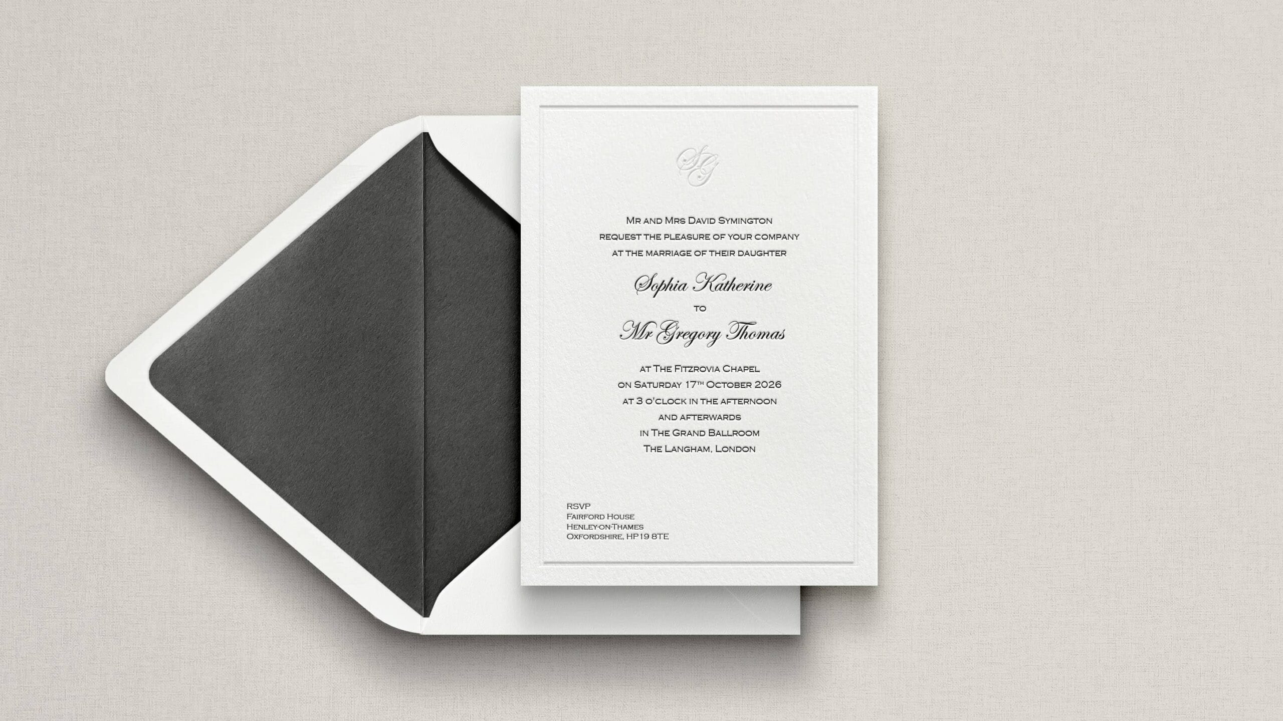 Katherine letterpress wedding stationery with Black & Blind letterpress detail on Warm White board