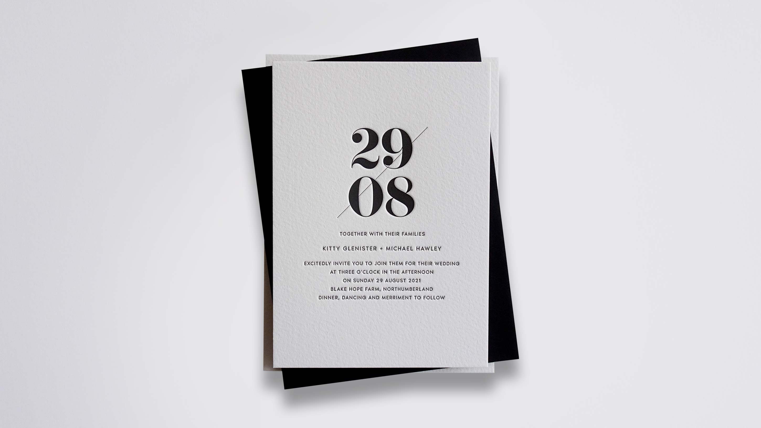 Libby letterpress wedding stationery with Black ink on Warm White board