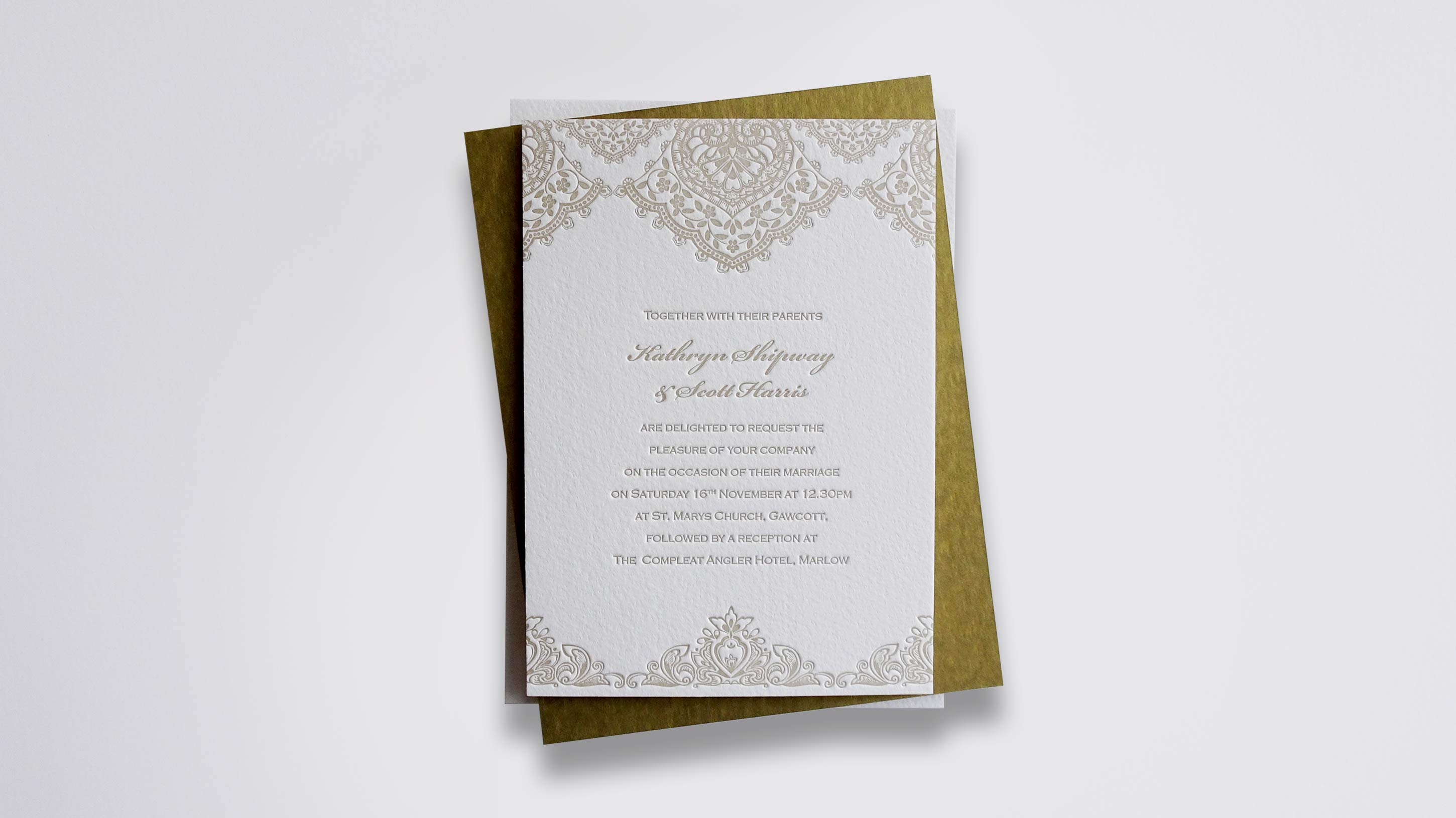 Lorenza letterpress wedding stationery with Matte Gold ink on Warm White board