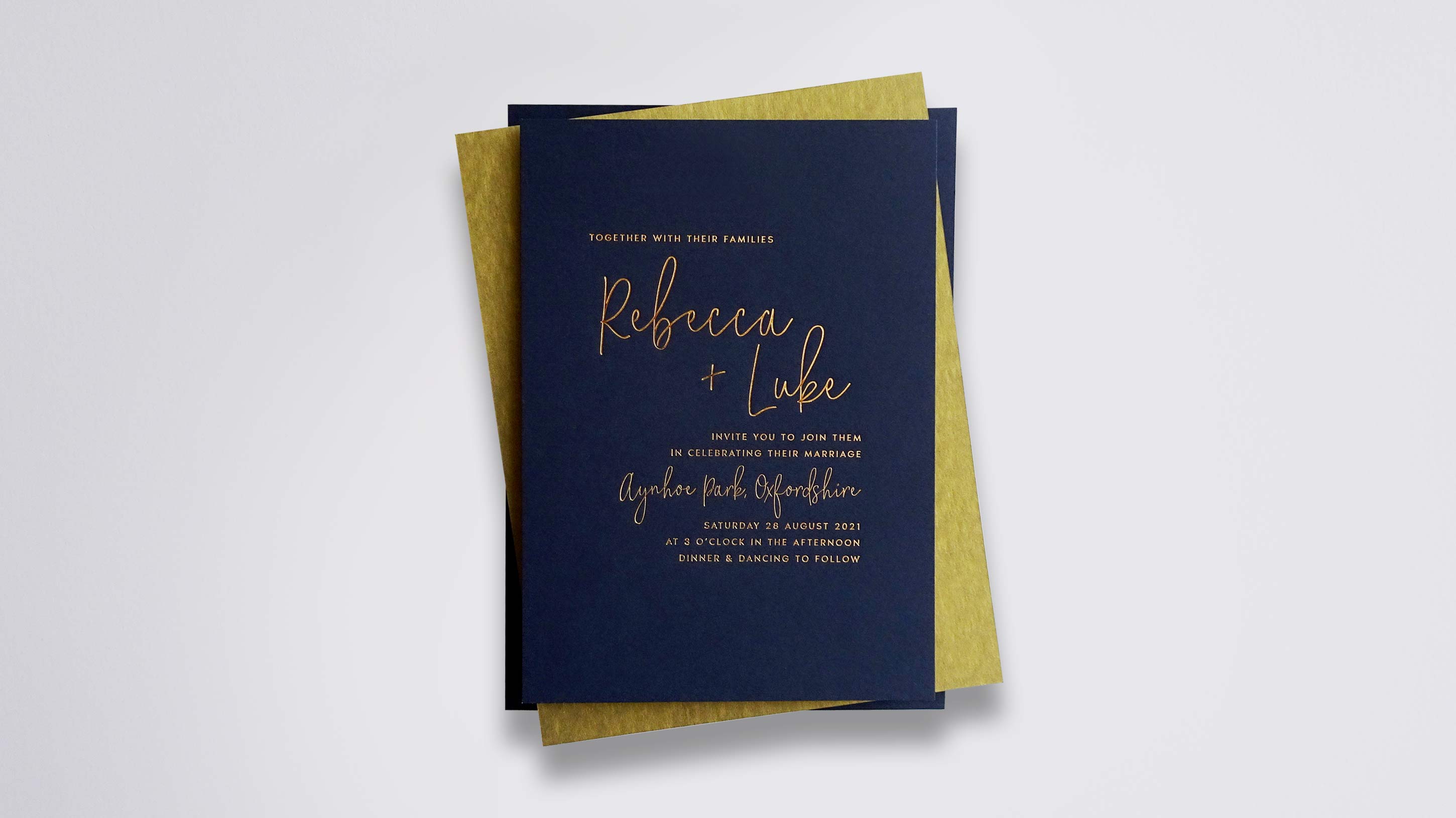 Molly foil wedding stationery with Gloss Gold foil on Dark Blue board