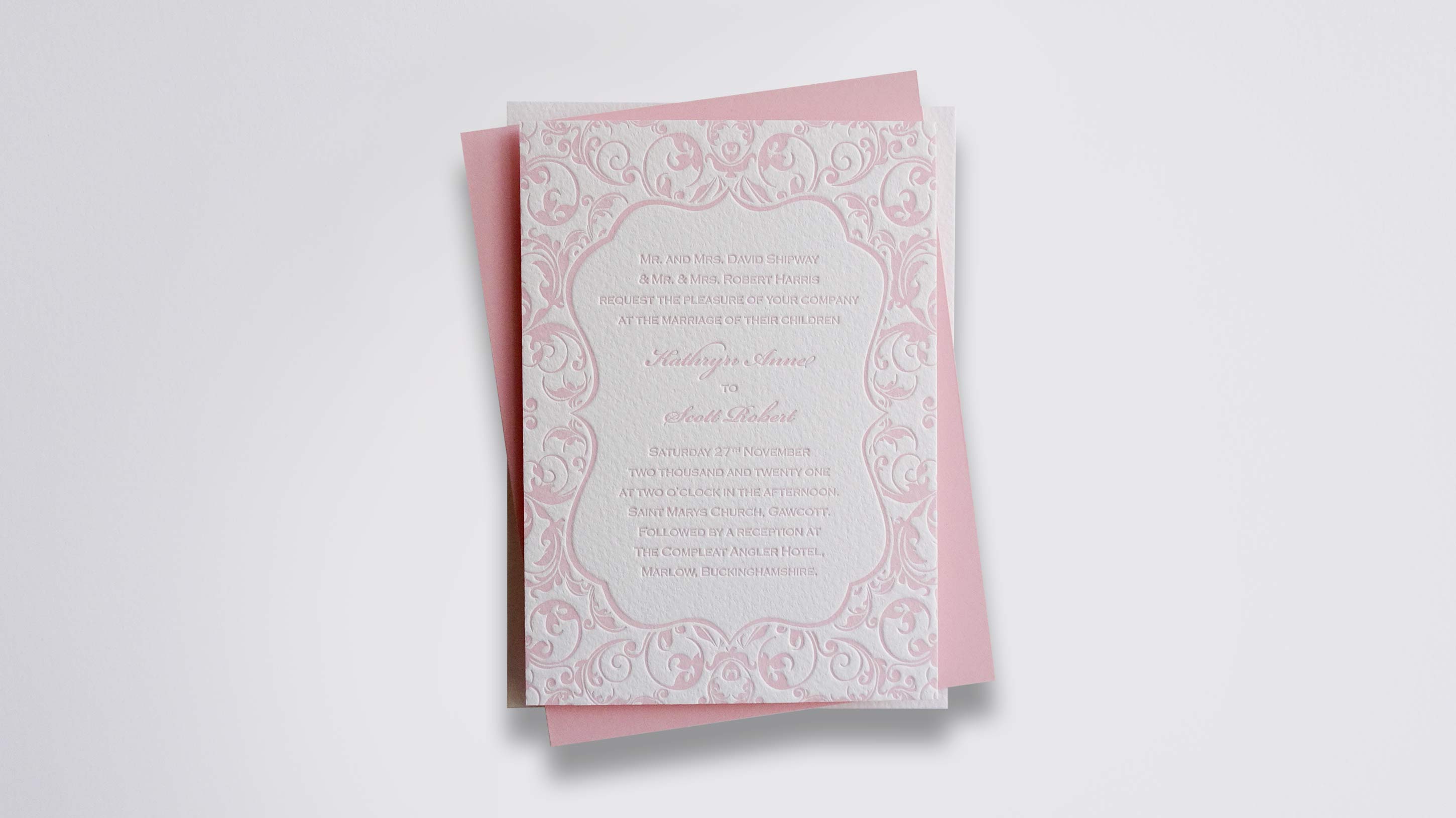 Olivia letterpress wedding stationery with Peony ink on Warm White board