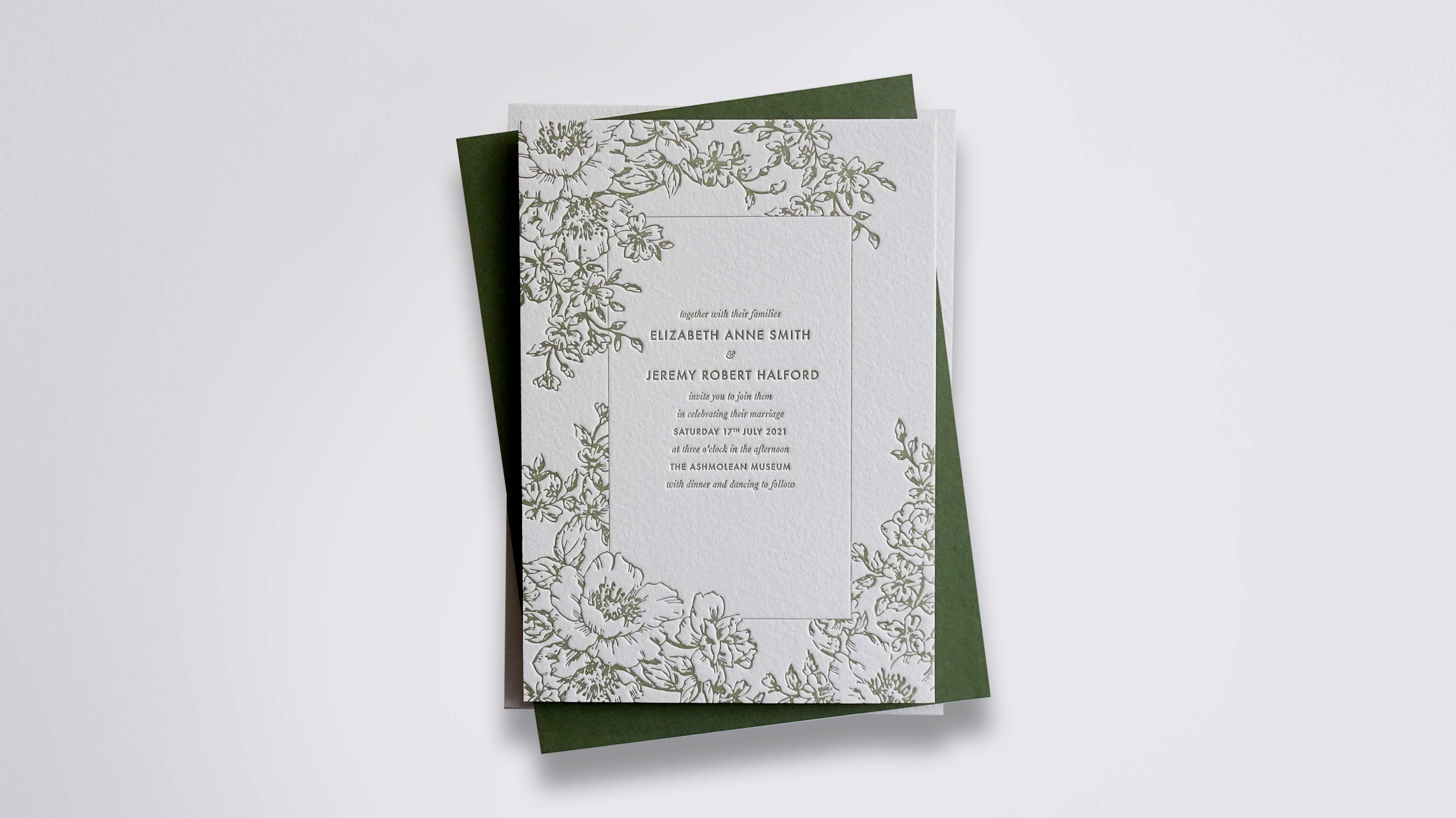 Poppy letterpress wedding stationery with Olive ink on Warm White board