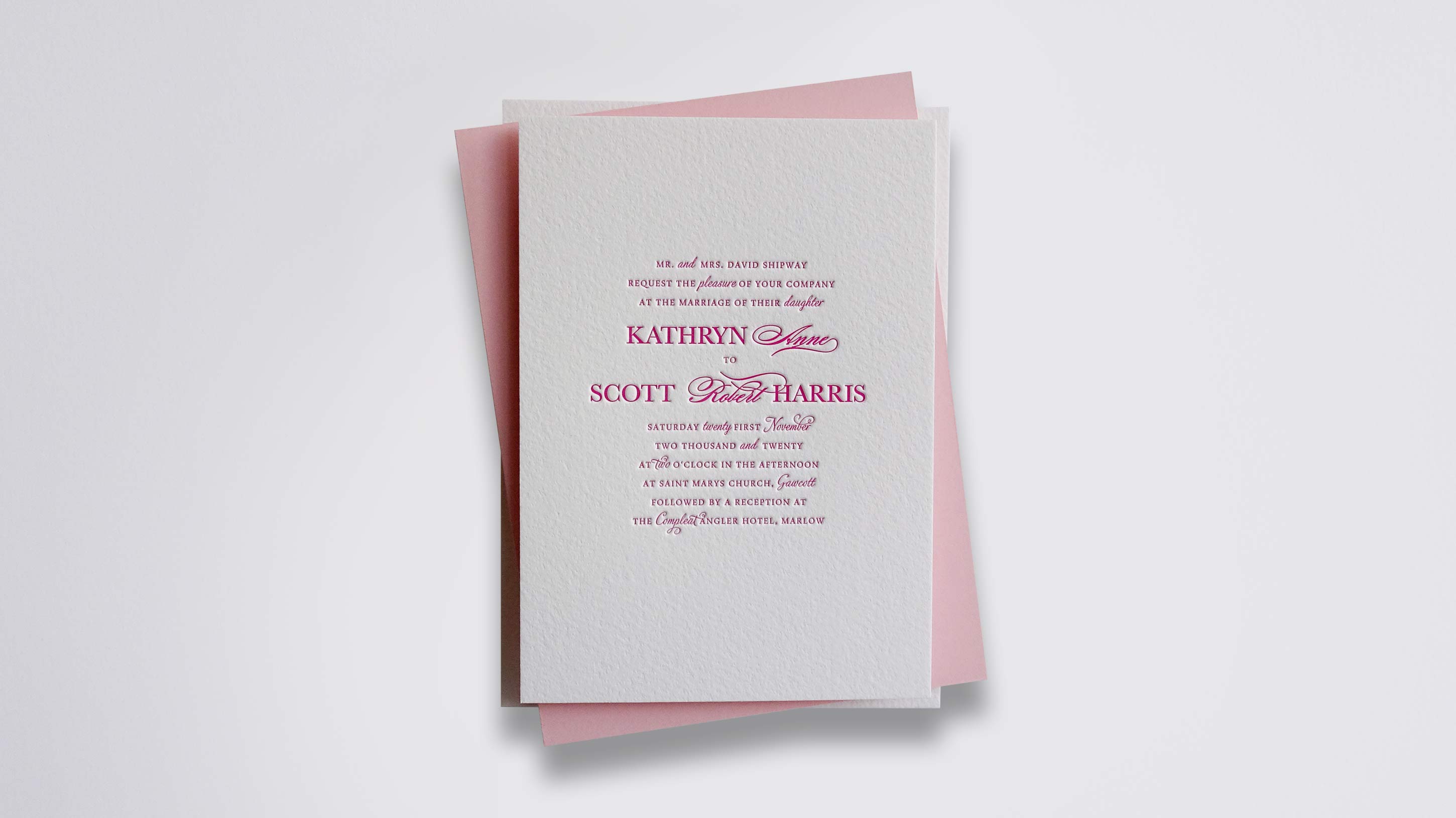 Samantha letterpress wedding stationery with Bubblegum ink on Warm White board