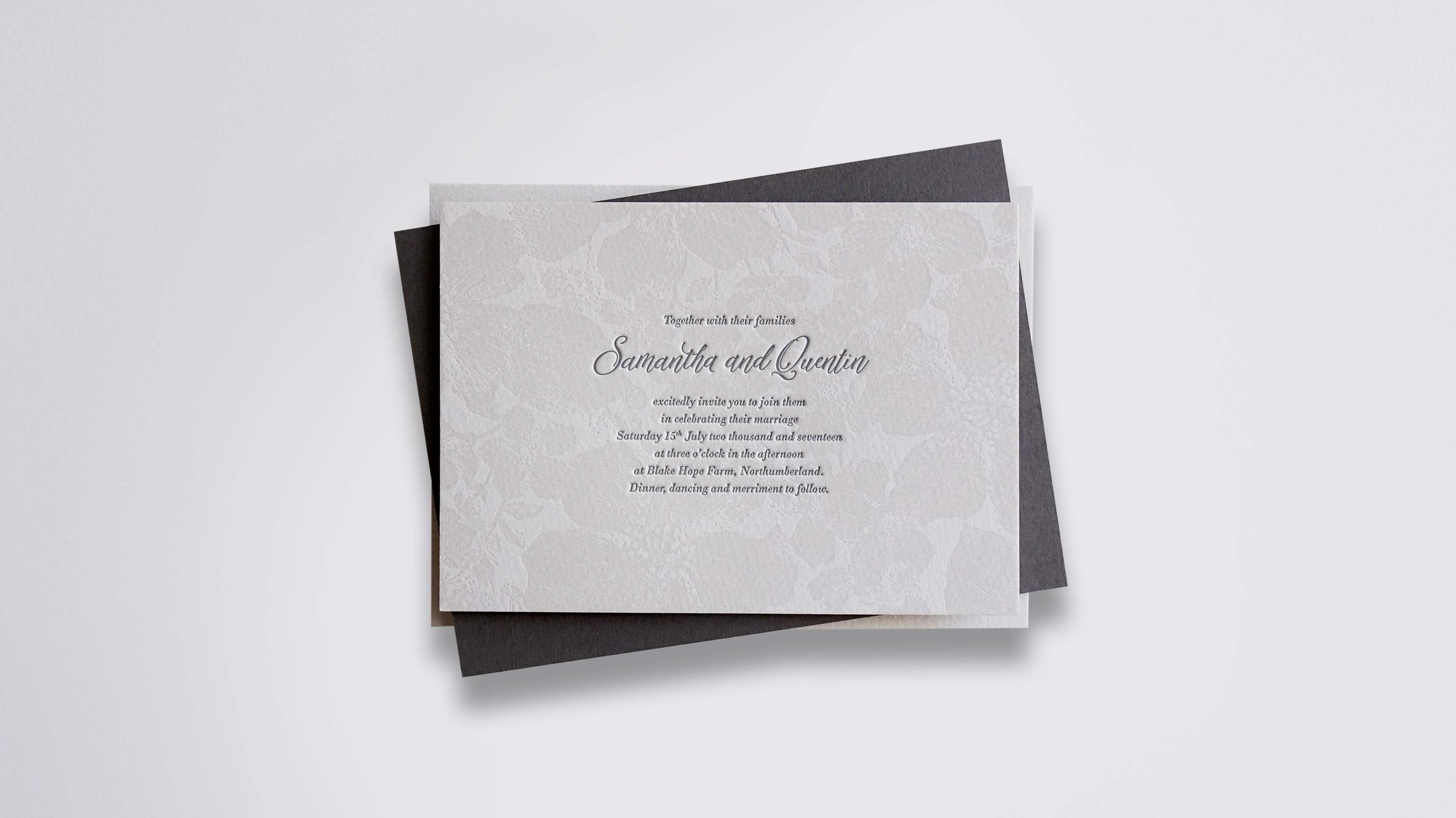 Sienna letterpress wedding stationery with Oyster & Charcoal ink on Warm White board